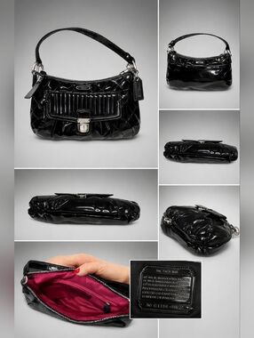Coach Poppy Black Patent Leather Glam Turnlock Shoulder Bag | Quilted Pleated